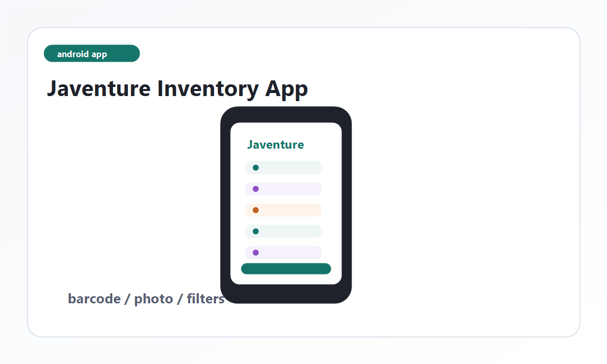 Abstract Android inventory app screen with item rows, barcode, photo, and filter workflow cues.